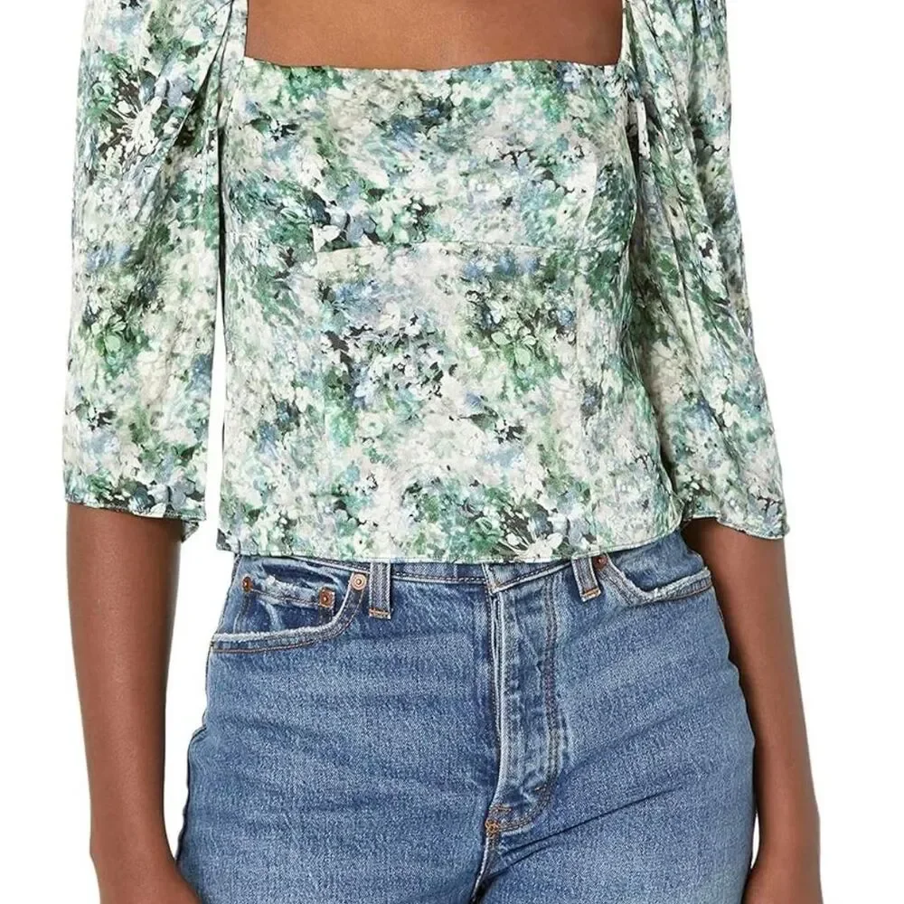 Vince Women's Painted Floral Draped L/S Square Nk Top SZ 2 - Picture 2 of 8